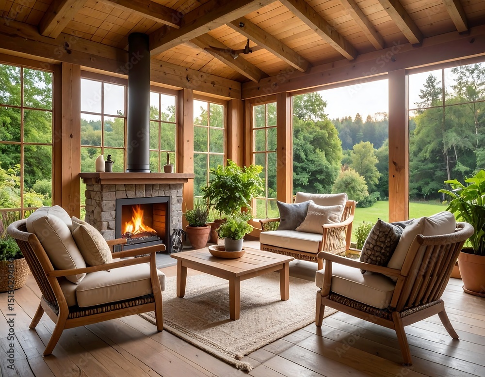 Cozy wooden sunroom with fireplace Cozy wooden sunroom with fireplace