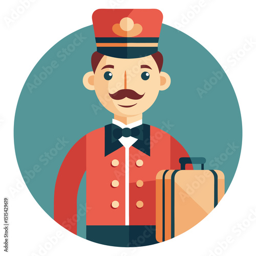 Hotel porter logo in vector style featuring a smiling male attendant with a suitcase and a distinctive cap, ready to assist guests in a welcoming environment