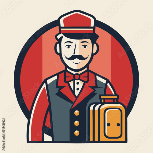 Hotel porter logo in vector style featuring a smiling male attendant with a suitcase and a distinctive cap, ready to assist guests in a welcoming environment