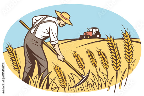 Vector illustration of a farmer using a sickle to harvest wheat with a tractor in the background on a sunny day in the field