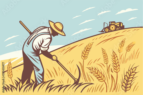 Vector illustration of a farmer using a sickle to harvest wheat with a tractor in the background on a sunny day in the field