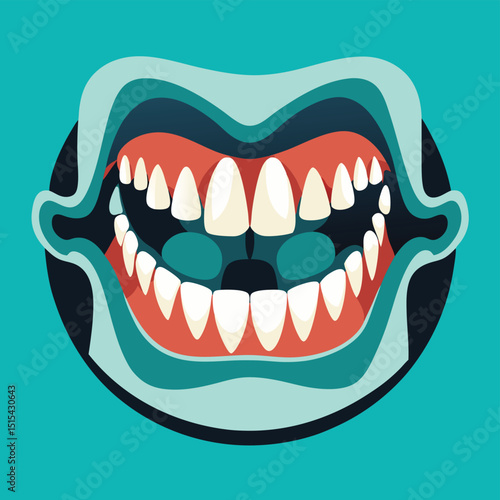 Detailed vector illustration of an open mouth featuring various teeth in a colorful design, suitable for educational or artistic purposes in health or dental contexts