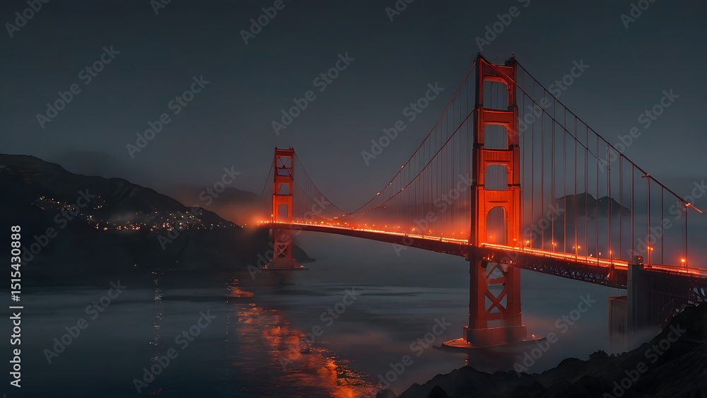 Fototapeta premium A pixel art scene of the Golden Gate Bridge shrouded in fog at night. Only the tops of the bridge towers are visible above the thick pixelated mist, glowing with soft orange and red lights. The water 