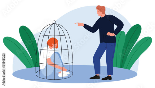Toxic parent child relationships, critics and psychological domestic violence, punishment. Angry father pointing finger to scold and punish girl sitting inside closed cage cartoon vector illustration