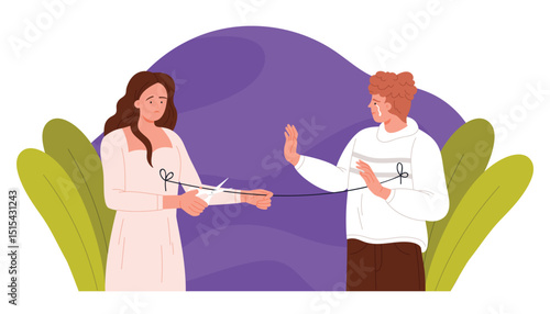 Freedom from unhealthy codependency relationship, divorce or breakup, separation. Sad woman with scissors cutting rope of connection with partner to free from dependency cartoon vector illustration