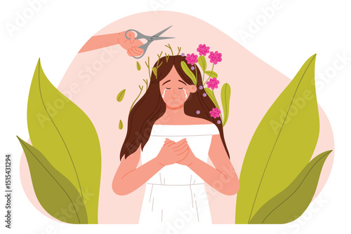 Toxic relationship, aggressive unpleasant communication and abuse, attack on trust. Hand of angry person cutting with scissors flowers growing on head of crying sad girl cartoon vector illustration