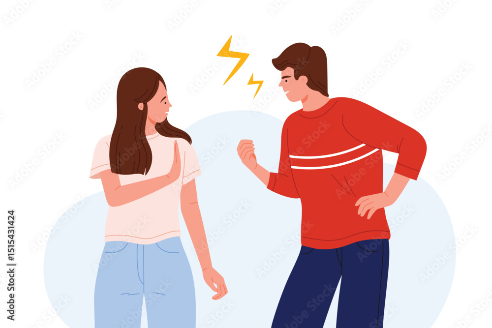 People quarrel in conflict, family aggressive fight and conflict conversation of couple, divorce and domestic abuse. Angry man screaming to sad woman with stop gesture cartoon vector illustration People quarrel in conflict, family aggressive fight and conflict conversation of couple, divorce and domestic abuse. Angry man screaming to sad woman with stop gesture cartoon vector illustration