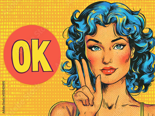 A young, sexy, and happy woman, visibly surprised, displays an OK sign with her hand and has a speech bubble, set against a modern, colorful background reminiscent of pop art and retro comics