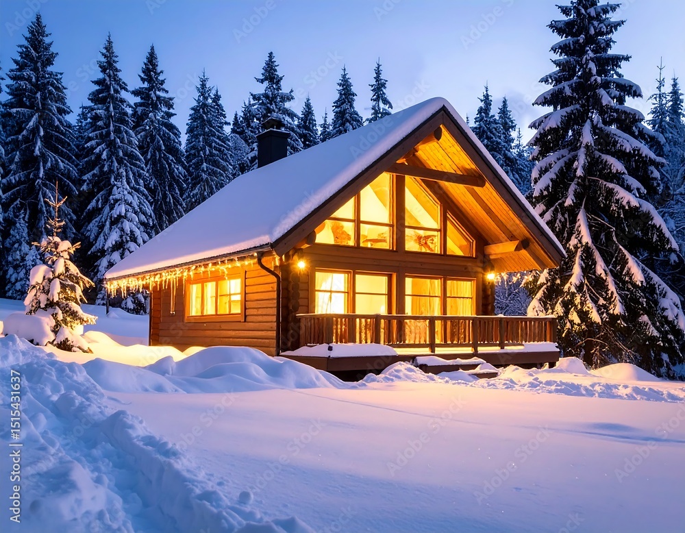 Cozy winter cabin nestled in snowy woods Cozy winter cabin nestled in snowy woods