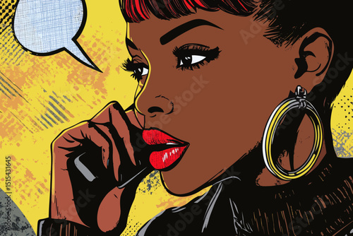 A young African woman with an afro hairstyle and glasses is depicted in a pop art style, holding an old phone handset with her mouth open in surprise, accompanied by a 'Wow' speech bubble set against
