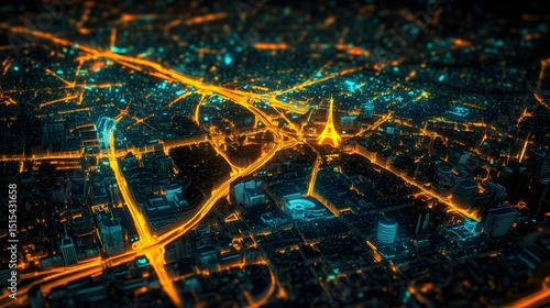 Fototapeta Naklejka Na Ścianę i Meble -  Futuristic glowing map of Paris with illuminated streets