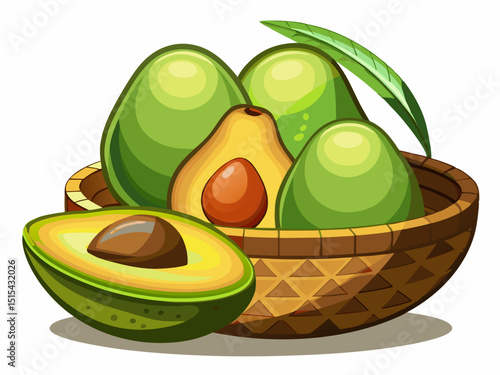 vector of Close-up of a perfectly sliced ​​avocado and a whole avocado on a wicker bowl on a white background...