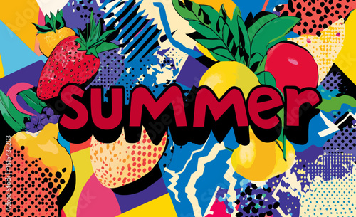 A pop art poster or banner representing summer, featuring a humorous and refreshing comic-style word, is suitable for social media communication and boasts a trendy, colorful, retro, and vintage