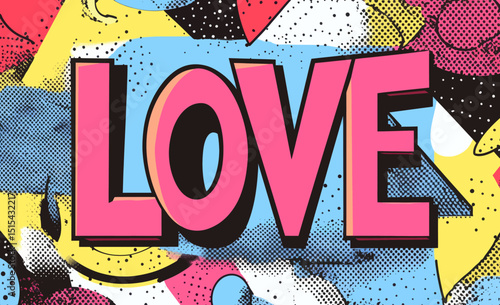 The phrase 'Love' is showcased in a humorous pop art comic style, often used for fashionable posters, banners, and social media content, symbolizing connection and communication through trendy,