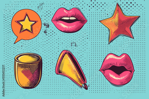 A vibrant collection of comic icons presented in a pop art style, featuring a megaphone, lips, star, bomb, alarm clock, and lightning, forms a modern illustration
