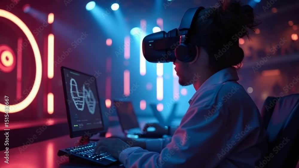 Man Using VR Headset While Typing on Keyboard in Neon Lit Room Man Using VR Headset While Typing on Keyboard in Neon Lit Room