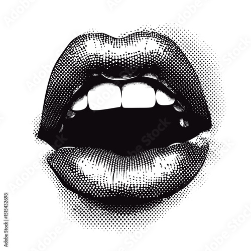 A woman's lips are depicted as retro halftone collage elements suitable for mixed media design, featuring a mouth in a scream with a halftone texture in a dotted pop art style, as part of a modern