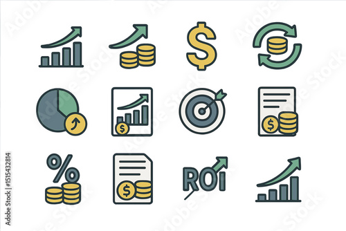 Financial growth icons and graphs with dollar and roi symbols
