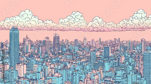 Vibrant cityscape depicted in a comic book style, featuring tall skyscrapers with highly saturated and bright colors, available as stock