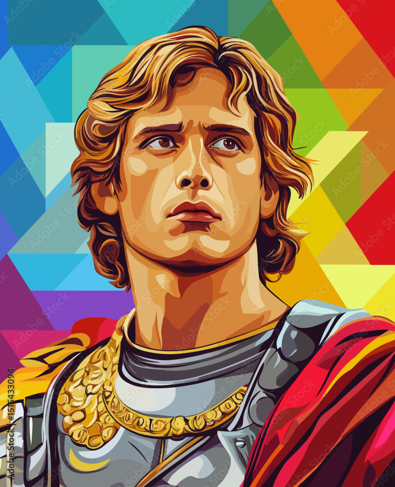 A historical figure, Alexander the Great, is vividly depicted with a sword in a flat pop art style generated by Gen AI A historical figure, Alexander the Great, is vividly depicted with a sword in a flat pop art style generated by Gen AI