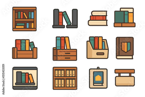 Colorful book icons set with shelves and bookshelves on gradient background