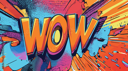 A dynamic illustration reminiscent of comic books, showcasing a prominent speech bubble with the capitalized word WOW, commonly utilized to convey astonishment or awe in pop art creations
