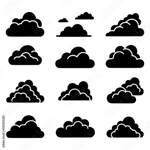 A collection of black clouds in different shapes. Representing the beauty of the sky