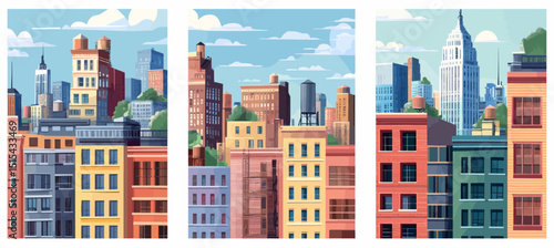 A set of 3 cityscape illustrations featuring famous high-rise corporate buildings in the downtown area, created in a handmade modern drawing style reminiscent of 1970s pop art with bright acid colors