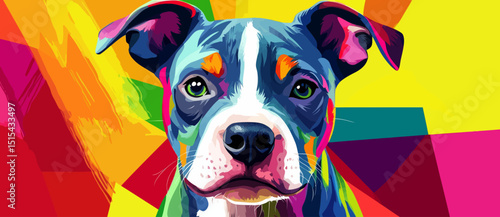 A pop art style dog portrait that is vibrant and whimsical, incorporating surreal elements and a magical playful representation of a cherished pet
