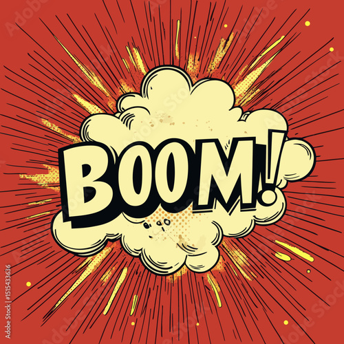 A comic book-style speech bubble features the explosive 'BOOM' in a pop art aesthetic