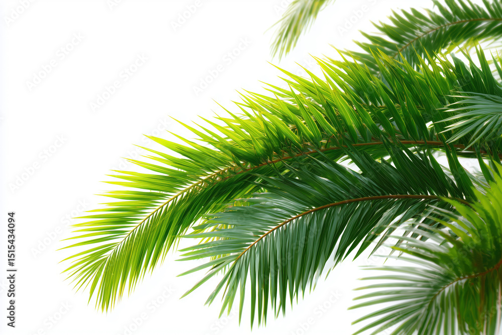 Fototapeta premium Vibrant green palm leaf with delicate fronds, isolated on a white background, ideal for nature and relaxation themes.