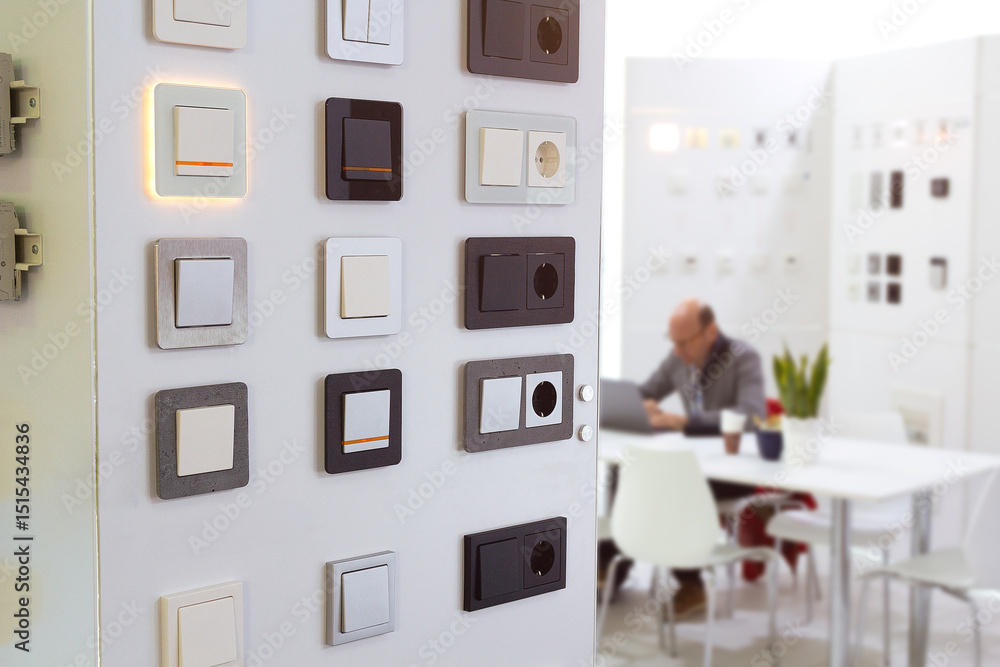 Φωτογραφία Electrical household switches and sockets on the stand in the store