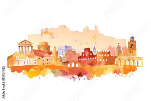 Watercolor Cityscape A Vibrant Panorama of Ancient Rome