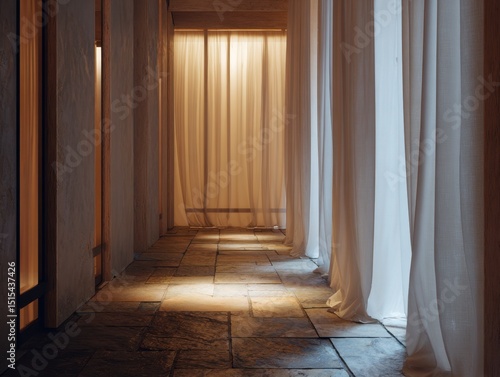 A long hallway with white curtains hanging from the ceiling. The curtains are drawn  and the room is dimly lit