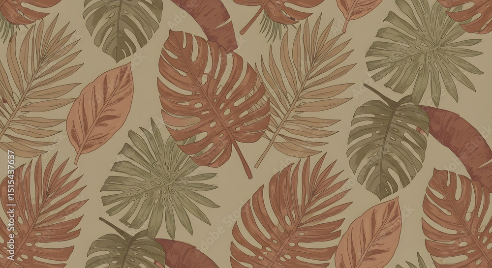 Seamless botanical pattern with hand-drawn tropical leaves and earthy tones for natural themed backgrounds Seamless botanical pattern with hand-drawn tropical leaves and earthy tones for natural themed backgrounds