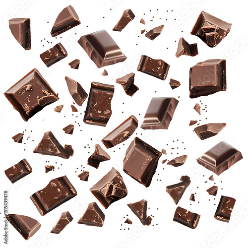 Creative design on a white background of a set of delicious brown chocolate pieces flying in space