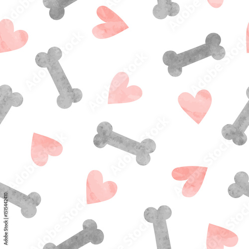 Bones and hearts seamless pattern. Vector watercolor pets illustration	