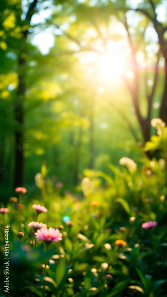 Blurred garden in spring nature outdoor background Lush green foliage with soft sunlight filtering t Blurred garden in spring nature outdoor background Lush green foliage with soft sunlight filtering t