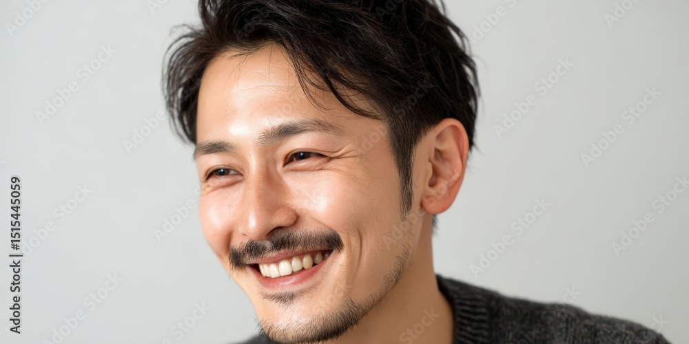 Japanese Man Smiling with Bright White Teeth, Skincare, and Grooming Japanese Man Smiling with Bright White Teeth, Skincare, and Grooming