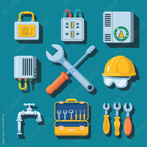  vector icons representing home fix and factory maintenance, gas and electricity maintenance                              
