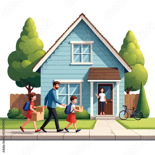 Family moving into new home buying house real estate property neighborhood lifestyle happy parents children
