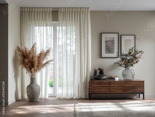 A white curtain is drawn in a room with a vase of dried grass and a vase of flowers