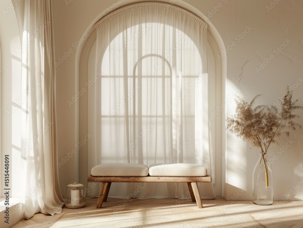 A white room with a bench and a vase. The bench is against the wall and the vase is on the floor A white room with a bench and a vase. The bench is against the wall and the vase is on the floor
