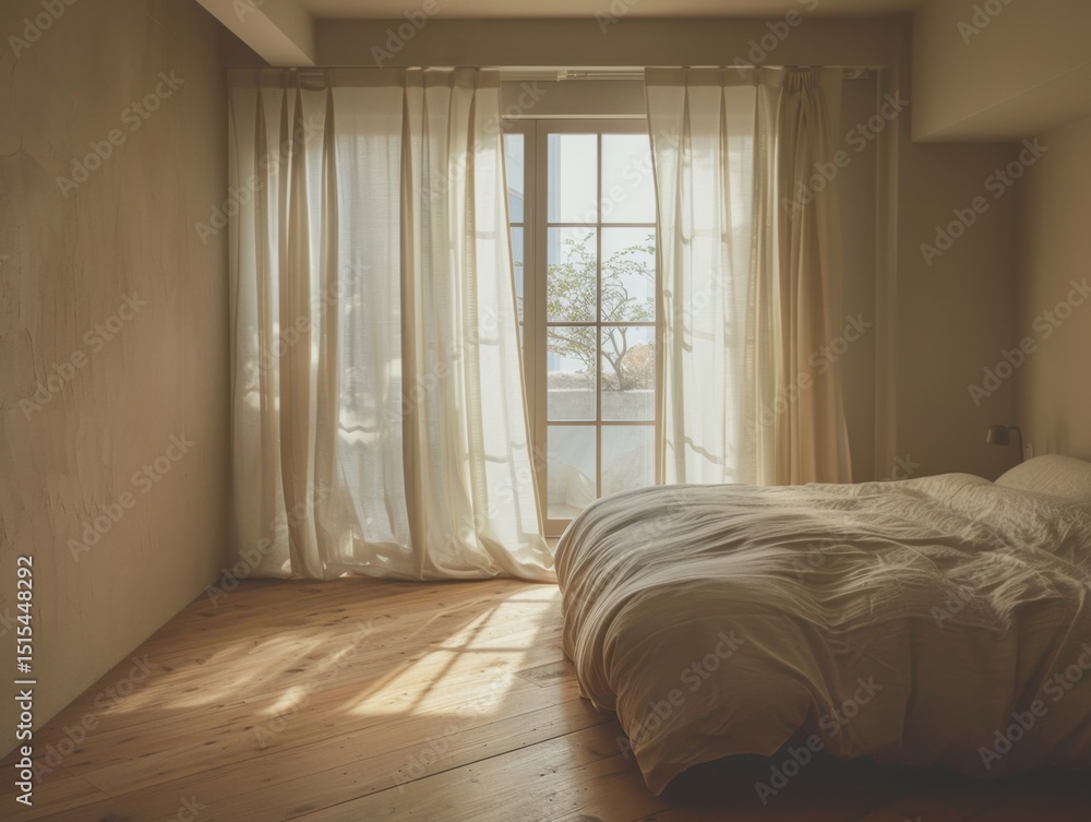 A bedroom with a white bed and white curtains. The curtains are open, letting in sunlight. There is a window in the room A bedroom with a white bed and white curtains. The curtains are open, letting in sunlight. There is a window in the room