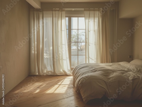 A bedroom with a white bed and white curtains. The curtains are open  letting in sunlight. There is a window in the room