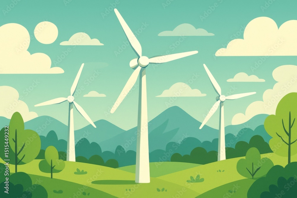 Obraz premium Drei Windräder stehen in einer grünen Landschaft mit Bergen und Bäumen – Symbol für nachhaltige Energie. Generative KI