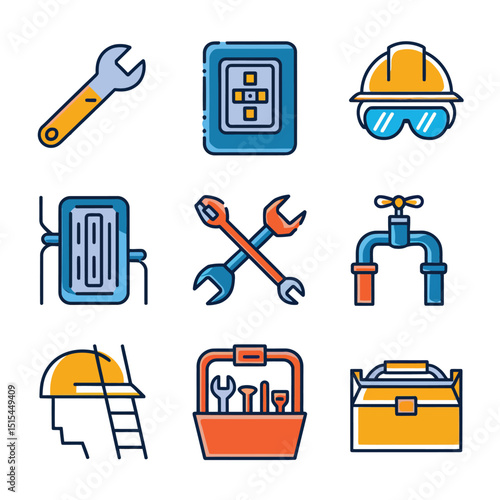  vector icons representing home fix and factory maintenance, gas and electricity maintenance                              
