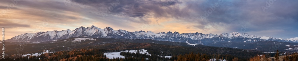 Tatras mounains at sunrise seen from Lapszanka village in Poland Tatras mounains at sunrise seen from Lapszanka village in Poland