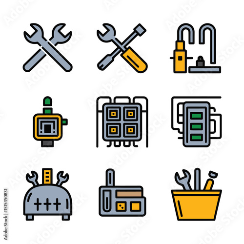  vector icons representing home fix and factory maintenance, gas and electricity maintenance                              
