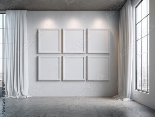 A white room with a white curtain and a white wall. There are six white frames on the wall